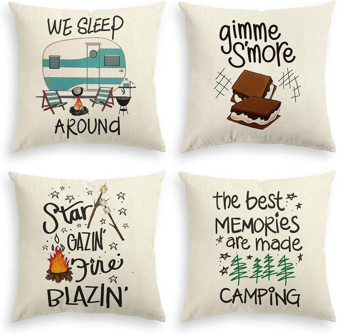 AVOIN colorlife Camper Trailer Campfire Throw Pillow Covers, 18 x 18 Inch Gimme S'More Tree Pillows Cushion Case for Sofa Couch Set of 4