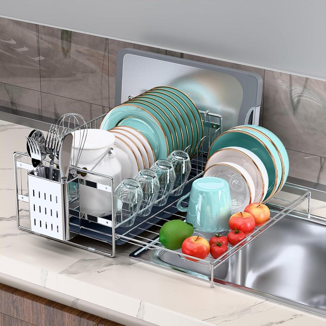Large Dish Drying Rack, Expandable Dish Rack, 304 Stainless Steel Dish Racks for Kitchen Counter, Multifunctional Dish Drainers with Utensil Holder & Cutting Board Holder