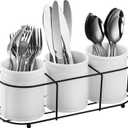 Bekith 3-Piece Ceramic Silverware Caddy with Metal Rack, Utensil Holder Flatware Caddy Cutlery Storage Organizer for Kitchen Table, Cabinet or Pantry