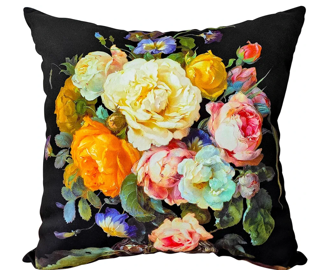 Vibrant Multicolor Roses & Violets on Black Throw Pillow Cover, 18x18 Inch Decorative Cushion Case Farmhouse Home Decor for Sofa Living Room Couch Bed