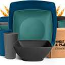 Teivio 16-piece Plastic Wheat Straw Square Dinnerware Set for 4, Unbreakable Dinner Plates, Salad Plates, Snack Bowls, Tumblers 20 oz, Dishwasher Safe, Coastal Multicolor