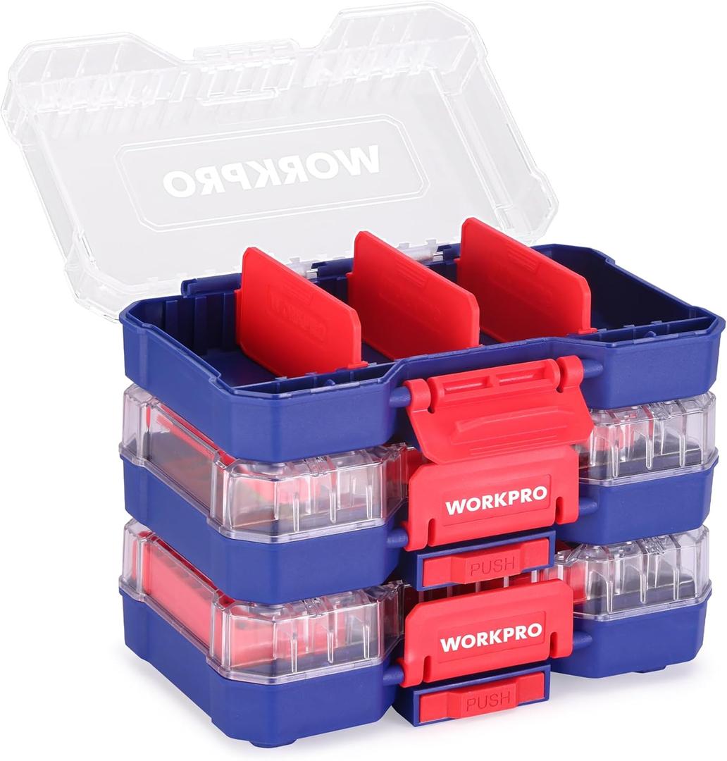 WORKPRO Small Parts Organizer 3 Pieces, Portable Stackable Hardware Storage Case with Removable Dividers, Clear Lid Tool Box Organizer for Screws, Bolts, Nails, Craft Supplies and Small Accessories