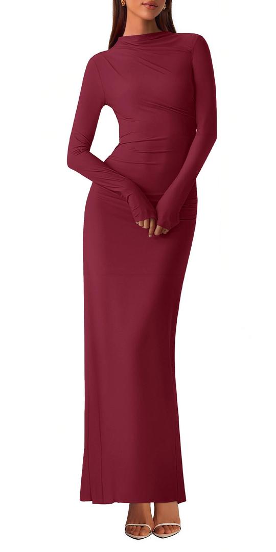 BTFBM Women Bodycon Maxi Dress Fall 2025 Long Sleeve Ruched Elegant Party Cocktail Formal Wedding Guest Dresses(Wine Red,XX-Large) (XXL)