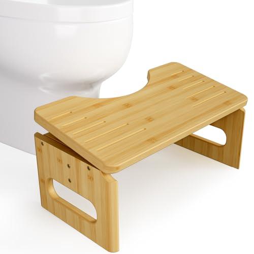 AmazerBath 7 Inches & 9 Inches Adjustable Height Bamboo Toilet Stool Squat Adult for Bathroom Poop Stool with Built-in Bracket, Potty Step Stool with Non-Slip Layer for Bathroom Natural Color