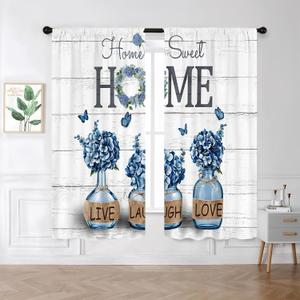 Famiffty Farmhouse Blue Hydrangea Window Curtains 42W X 63L Inches 2 Panels Rod Pocket Country Retro Vintage Home Sweet Rustic Elegant Window Drapes Treatment for Living Room Bedroom Home Decor