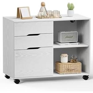 3 Drawers Lateral File Cabinet, Rolling Wooden Printer Stand Under Desk Storage Organizer with 4 Wheels Adjustable Shelf for Office Home