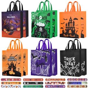Tedmax Halloween Bags,12 Pcs Trick or Treat Bags Large,Halloween Tote Bag with 12 Pcs Slap Bracelets,Candy Bags for Party Supplies1511.6"3.9"