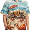 Mens Beer Skull Print Button Down Shirt Fun Hawaiian Shirts Casual Beach Shirt Short Sleeve (Blue, XXL)