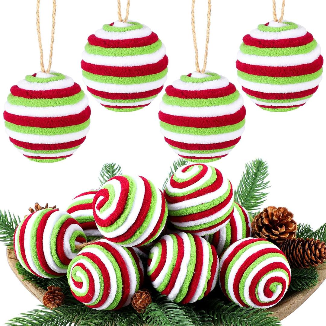 16 Pcs Fluffy Christmas Balls Ornaments 2.36 Inches Red Green White Christmas Balls Ornaments for Xmas Tree Peppermint Candy Hanging Decorations Elf Swirl Candy Cane for Bowl Basket Vase Fillers
