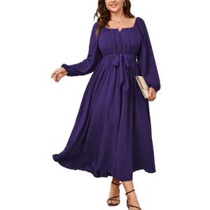 SCOMCHIC Women Plus Size Maxi Dress Long Sleeve Square Neck Wedding Guest Cocktail Belted Elegant Flowy A Line Long Dresses, 2XL