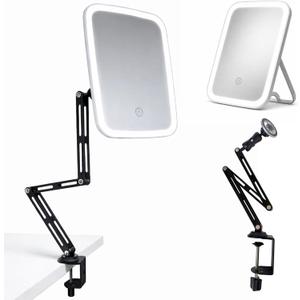 Ezcora Clip On Vanity Mirror with Light for Nearsighted Makeup, Magnetic Detachable Makeup Mirror with Extension Arm, Rechargeable 3 Color Lighted Mirror for Desk, Tabletop or Clamp-On Use