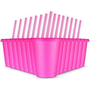 Rtteri 15 Pcs Reusable Cups with Straws and Lids 16 oz Glitter Tumblers Plastic Party Favor Cups with Lids Travel Mug Tumbler for Iced Beverage Water Parties(Rose Red)