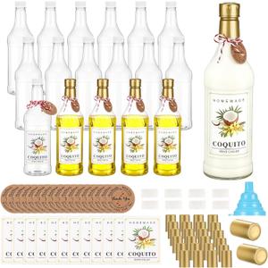 Baderke 24 Set Plastic Coquito Bottles 32 oz Plastic Clear Wine Bottles with Caps and Tags for Home Brewing Wedding Party Favors(Gold)