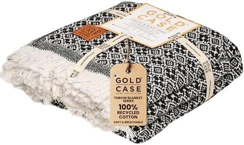 Gold Case Throw Blanket for Couch - 100% Recycled Turkish Cotton Blankets & Throws - Retro Soft Throw Blankets for Living Room - Boho Decorative Woven Couch Blanket - 60x80 - Black