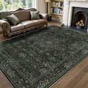 6x9 Floral Washable Area Rug for Living Room, Vintage Boho Large Rug for Bedroom Dining Room Distressed Botanical Birds Non Slip Low Pile Forest Animal Throw Carpet for Farmhouse Office, Dark Green