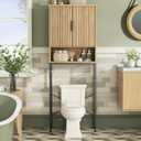 Over The Toilet Storage Cabinet with Fluted Doors and Adjustable Shelf, Tall Bathroom Organizer with Metal Stand Space Saver Over Toilet , Wood Rack for Bathroom, Restroom, Laundry, Natural Oak, 68.9''H