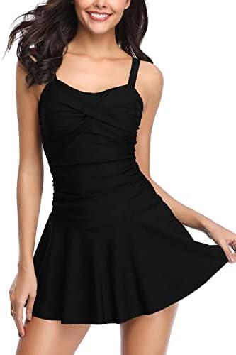 Women's Crossover Ruched Skirt One Piece Swimdress Swimsuit Bathing Suit, L