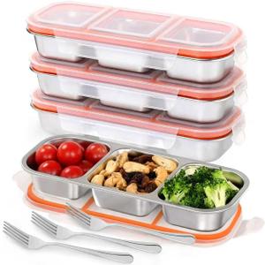 4 Pack Leakproof Stainless Steel Snack Containers with Lids, Reusable 3 Compartment Lunch Container, Stackable Snack Bento Box for Work, Travel & Picnic