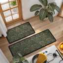 Collive Kitchen Mats for Floor, Cushioned Anti Fatigue Mat Dark Green Floral Rugs 2 Piece Non Skid Waterproof Sink Rug, Memory Foam Comfort Standing Mat for Office, Laundry, Desk