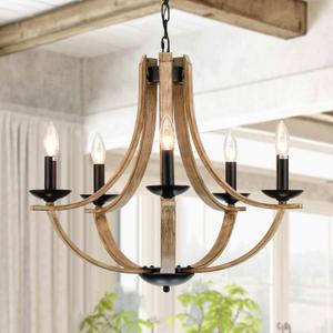 LAMPKEDUO Farmhouse Chandeliers for Dining Room Light Fixture, 5-Light 24 inch Faux Wood Texture Hanging Lighting Fixtures, Rustic Candle Chandeliers for Living Room Kitchen Island Foyer Entryway
