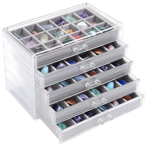 Misdary 90 Grid Rock Collection Box Clear Acrylic Display Case for Kids 5 Drawers Velvet Insert Rock Storage Box for Collectibles Crystal Display Shadow(Gray)