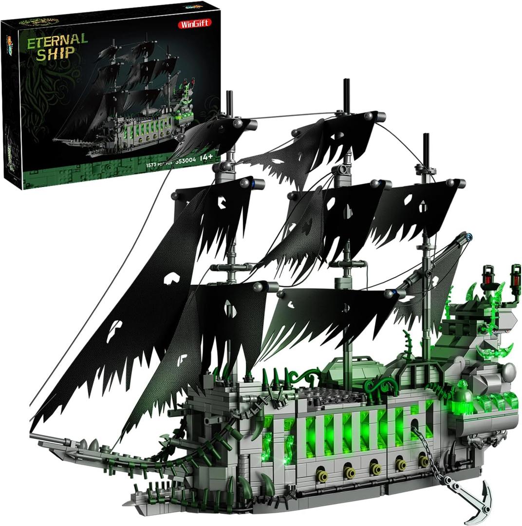 WINGIFT 1573 Pcs Pirate Ship Building Set with LED Light,STEM Ghost Ship Flying Dutchman Building Toy,Model Boat Mini Brick Kit Home Office Decor,Halloween Easter Gift for Adults Boys Kids Ages 14+