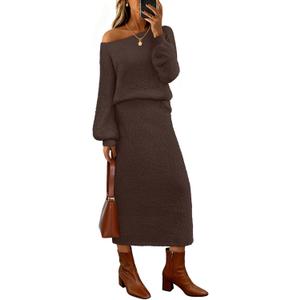 MEROKEETY Women's Fuzzy 2 Piece Outfit Winter Long Sleeve Off Shoulder Pullover Top Midi Skirt Matching Lounge Sets (Brown, M)