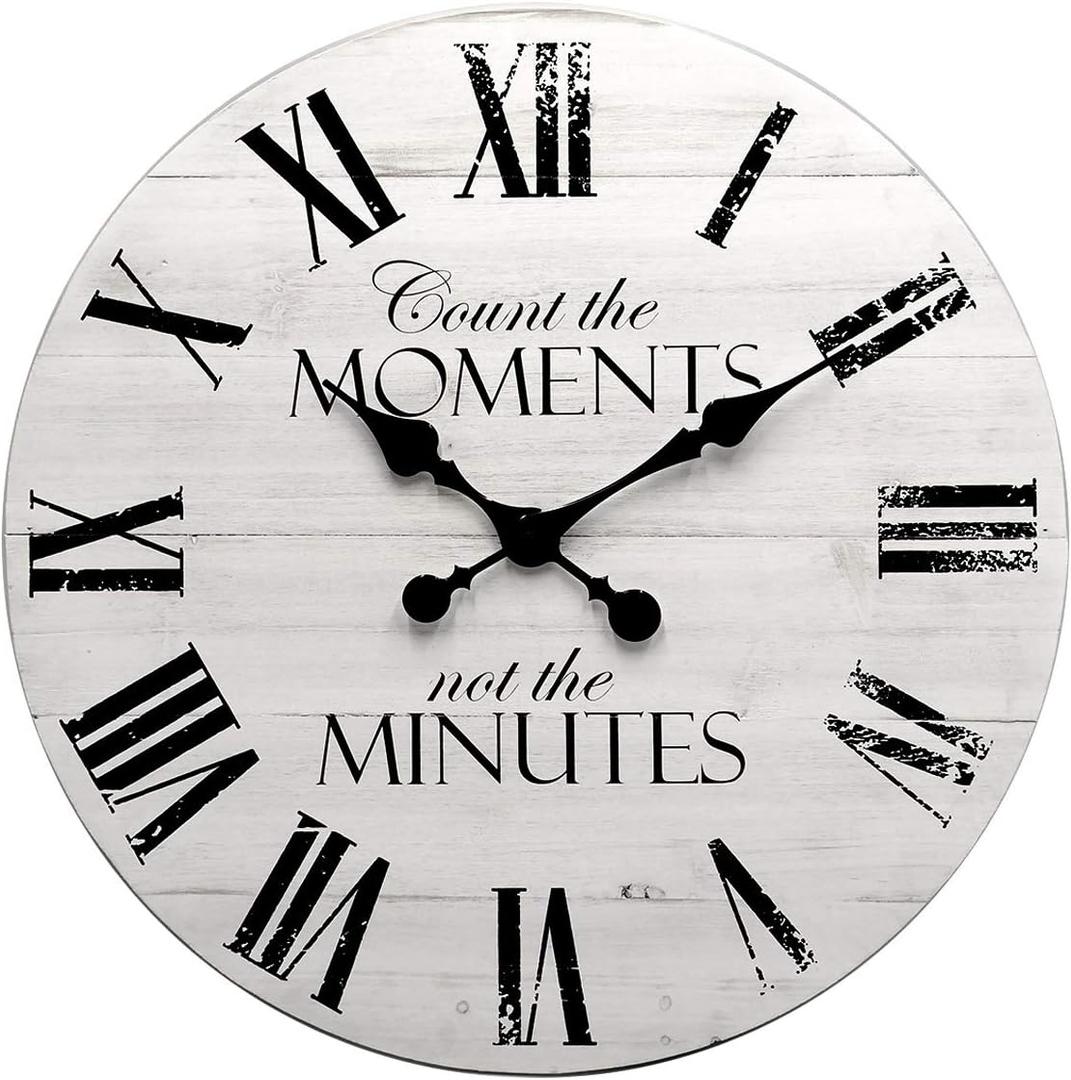 24 Inch Inspirational Farmhouse Wall Clock, Silent Non-Ticking, White Distressed Shiplap Wood, Battery Operated Rustic Quartz Clock for Living Room, Kitchen, Bedroom, Home Office Decor