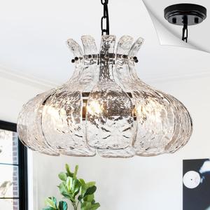 Black Glass Chandelier 6-Light Water Ripple Glass Pendant Lighting Luxury 15.7" Hanging Light Fixture for Dining Room,Kitchen Island,Entryway,Hallway,Bedroom,E12 Base