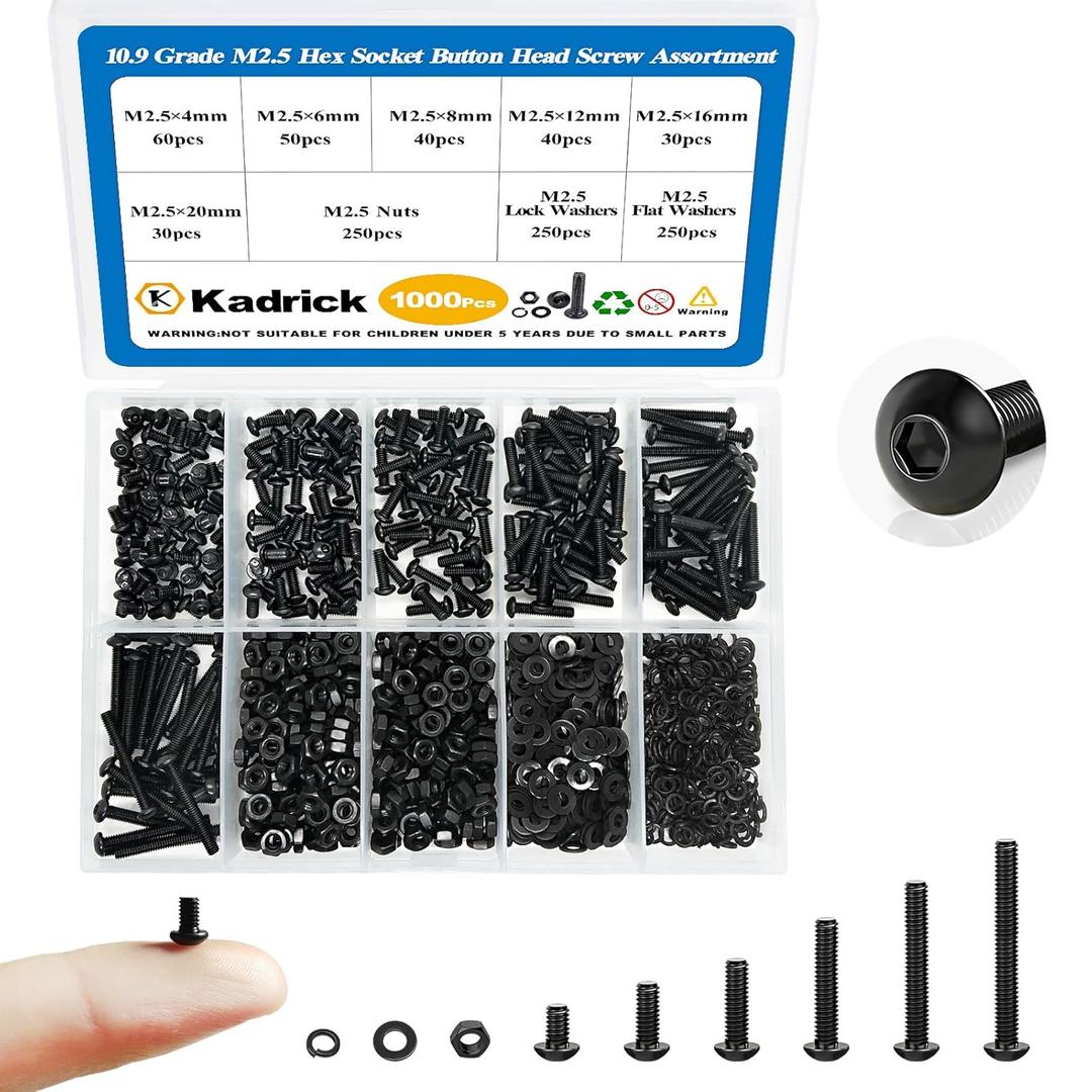 Kadrick Metric Screw Assortment, 1000PCS Metric Bolt Assortment Kit M2.5 Machine Screws with Lock & Flat Washers, Grade 10.9 Alloy Steel Hex Socket Button Head Black Screws Nuts and Bolts Kit