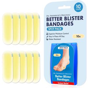 Dr. Frederick's Original Better Blister Bandages - 10 ct - Water-Resistant - 40% More Cushioning - Hydrocolloid Pads for Foot Protection & Recovery - Blister Relief Pads - Spot Pack