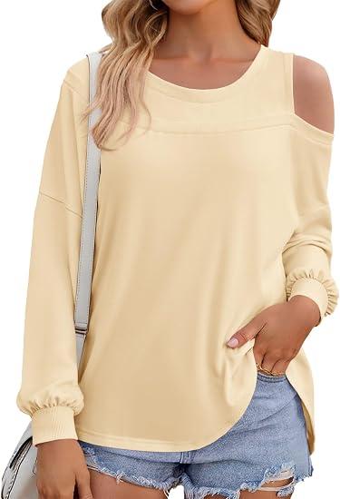 Fisoew Womens Cold Shoulder Tops Casual Long Sleeve Crewneck Basic Loose Fall Fashion T Shirts, M 