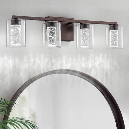 SineRise 4-Light Bronze Vanity Light with 3 Color Modes (3000K/4000K/6000K), Eye Protection LED Bathroom Light Fixture, Dimmable Modern Wall Light Over Mirror with Clear Glass Shade