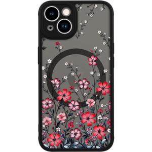 LUHOURI for iPhone 13 Mini Case Cute - Wireless Charing Compatible,Trendy Floral Design for Women Girls,Military-Grade Shockproof Not-Slip Matte Phone Cover, Vibrant Red Wildflowers