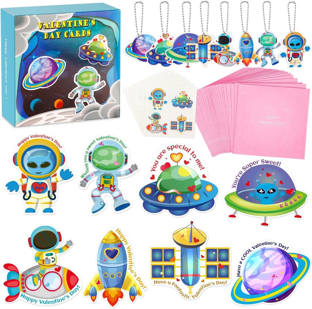 2 x SUKKI Valentines Day Cards for Kids - 32 Valentine Cards + 32 Cute Keychains + 32 Gift Envelopes with Temporary Tattoos, Perfect Space Flight Theme Greeting Exchange Cards for Classmates Party Favors