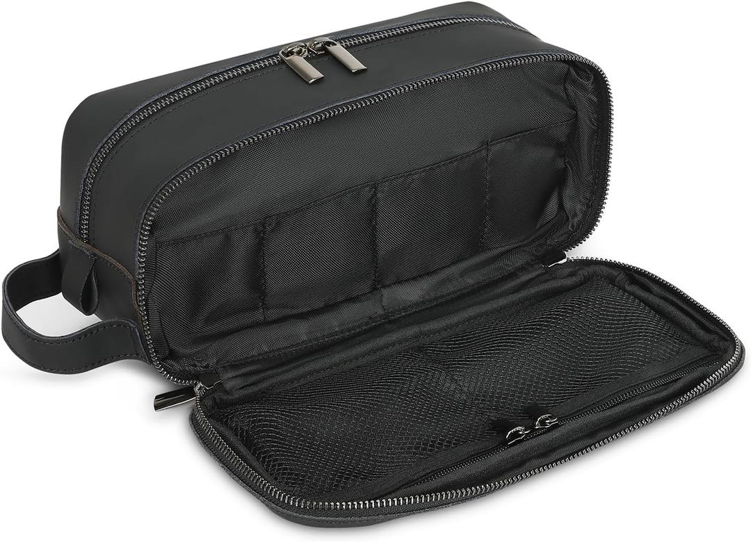 Top Grain Leather Dopp Kit/Toiletry Organizer - Leather Toiletry Travel Bag for Men - Featuring Organizer Compartment, Black