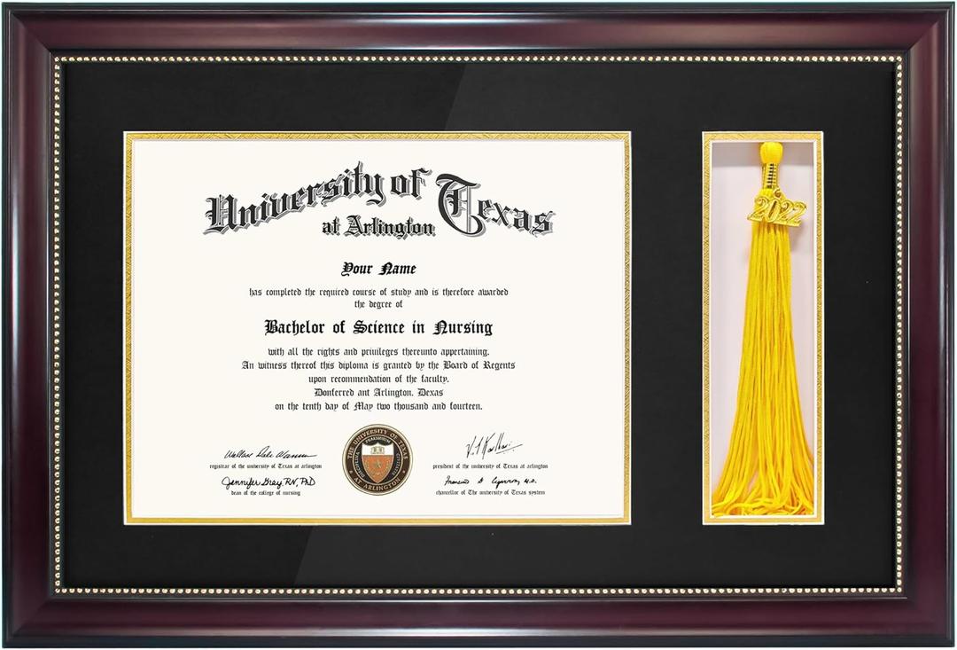 GraduationMall 11x17 Mahogany Diploma Frame with Tassel Holder for 8.5x11 Certificate Document,Real Glass, Black over Gold Mat