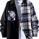 OYOANGLE Men's Colorblock Plaid Print Button Down Long Sleeve Pocket Collared Shirts Top (XX-Large, Black and Blue)