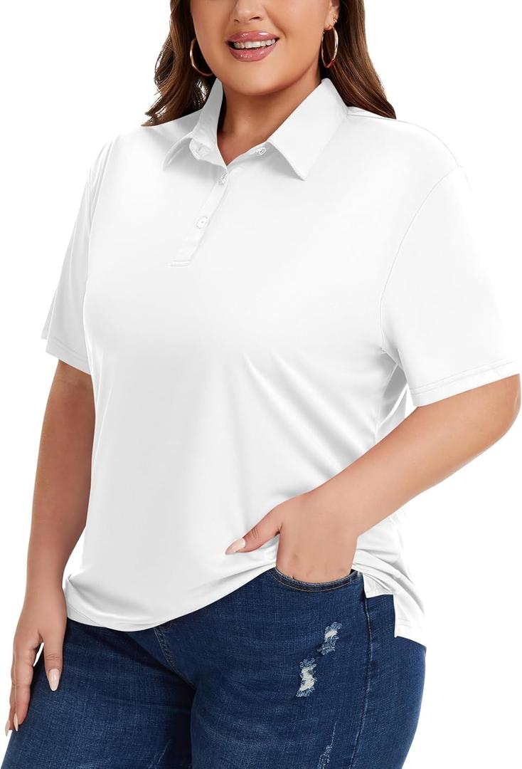 Idtswch Women's Plus Size Polo Shirts UPF 50+ Casual Work Quick Dry 3 Buttons Short Sleeve Collared Golf Shirt (White, XXL)