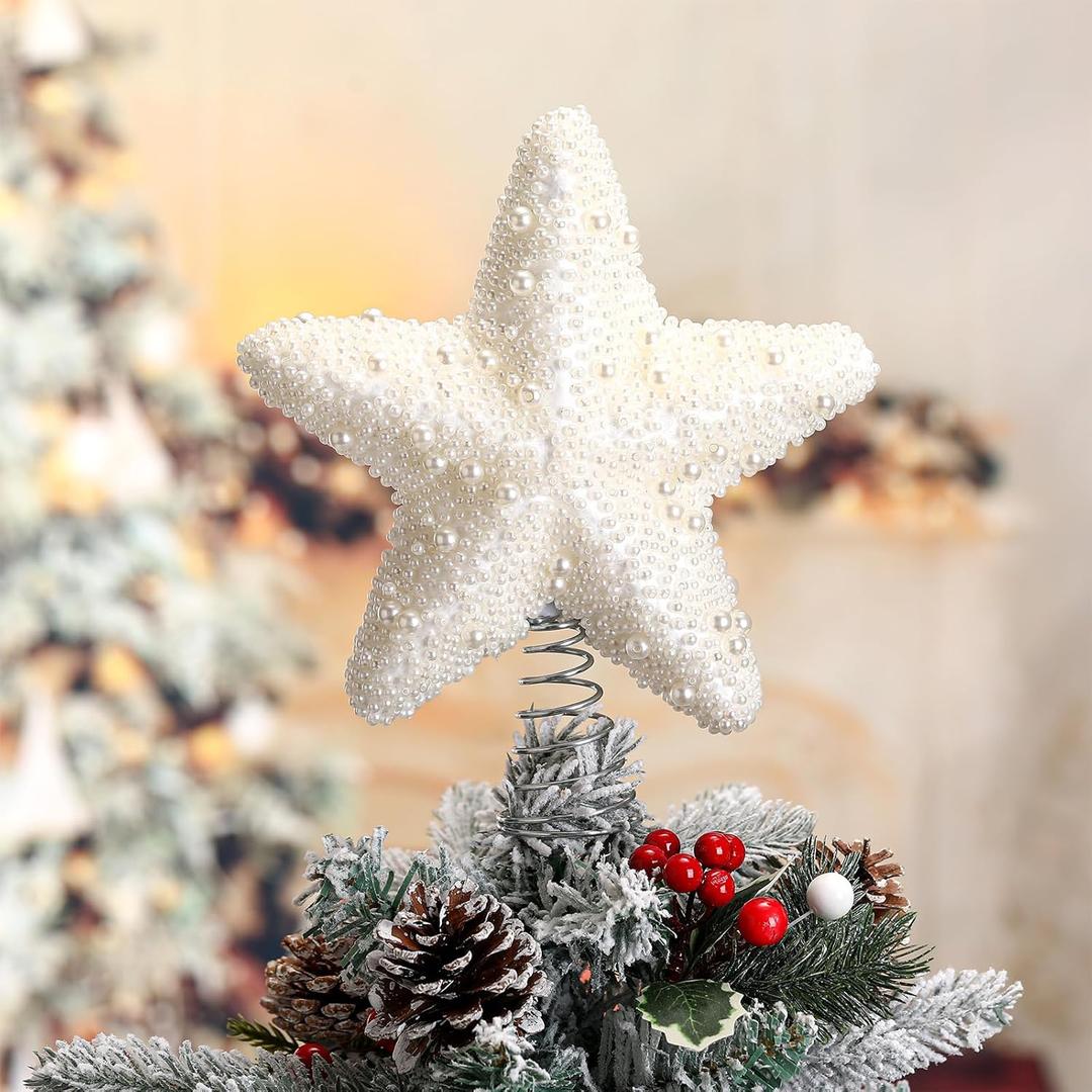 Soulchen Pearl Christmas Star Tree Toppers 8 inch Xmas White Pearl Tree Topper Christmas Decoration for Holiday Decor