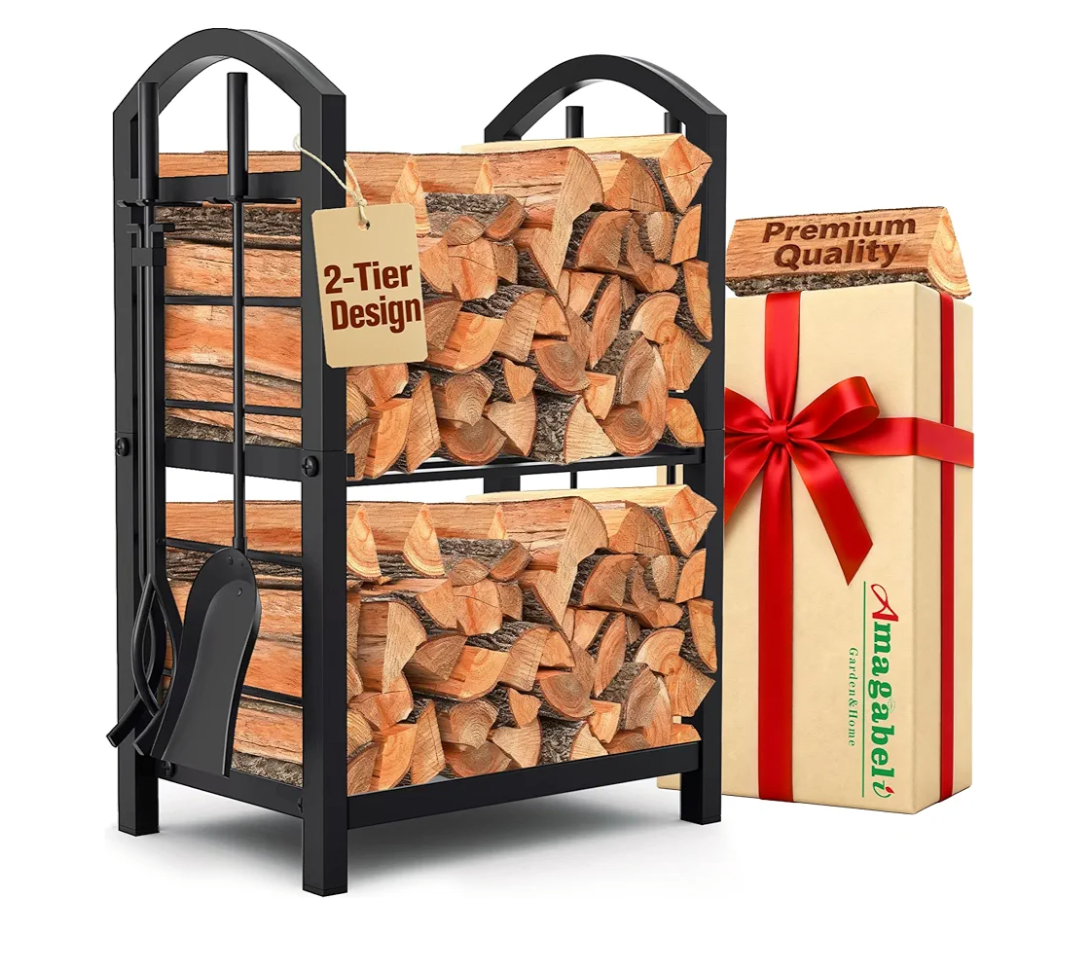 AMAGABELI GARDEN & HOME Firewood Rack Indoor with Tools 5Piece Fireplace Tools Set Wood Holder Outdoor Wrought Iron Log Holder Firewood Storage Rack for Fireplace,Fire Pit,Wood Stove Black