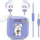 DTMNEP Cute Rabbit Kids Earbuds, Wired Earphones & In-Ear Headphones with Microphone and Storage Case - Gifts for School Girls and Boys (Blue)