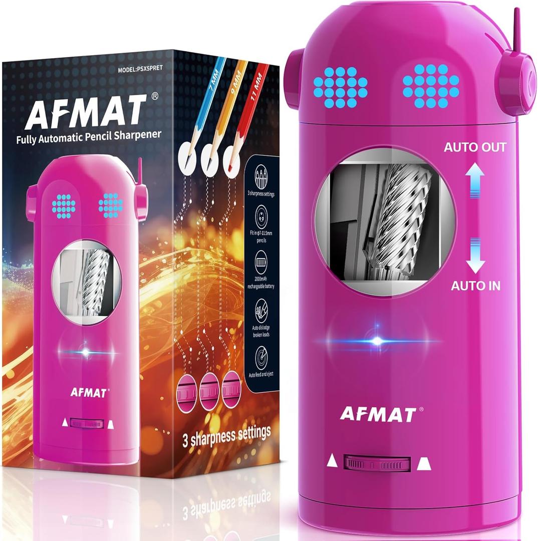 AFMAT Electric Pencil Sharpener, Fully Automatic Colored Pencil Sharpener for 7-11.5mm Pencils, Auto in & Out, Robot Pencil Sharpeners for Kids, Rechargeable Hands-Free with Dotted Eyes, PSX5ET, Pink