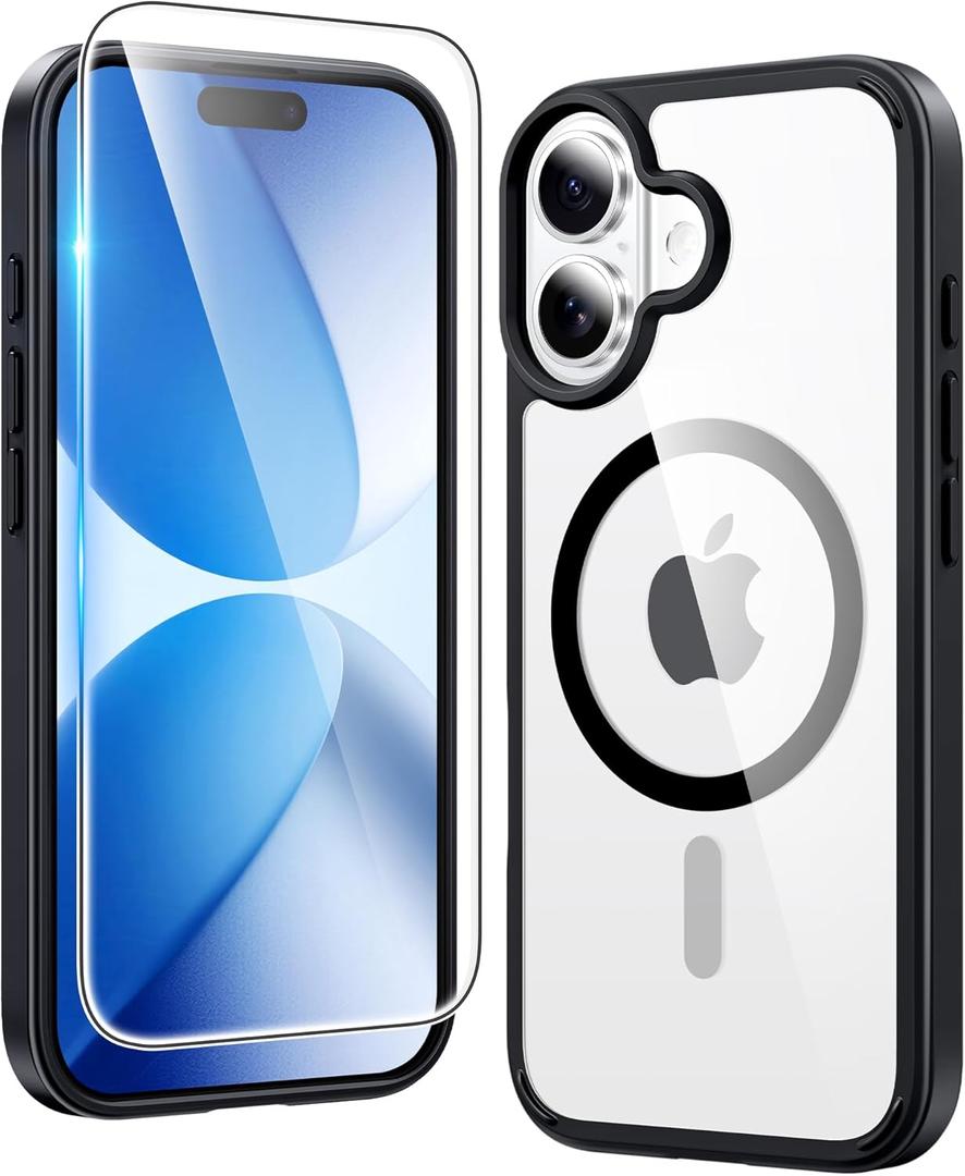 FNTCASE for iPhone 17 Case Clear: Magnetic Phone Cases with Screen Protector Drop Proof Compatible with Magsafe Slim Anti Yellowing Rugged Shockproof Protective Transparent Cell Cover (B-Black)