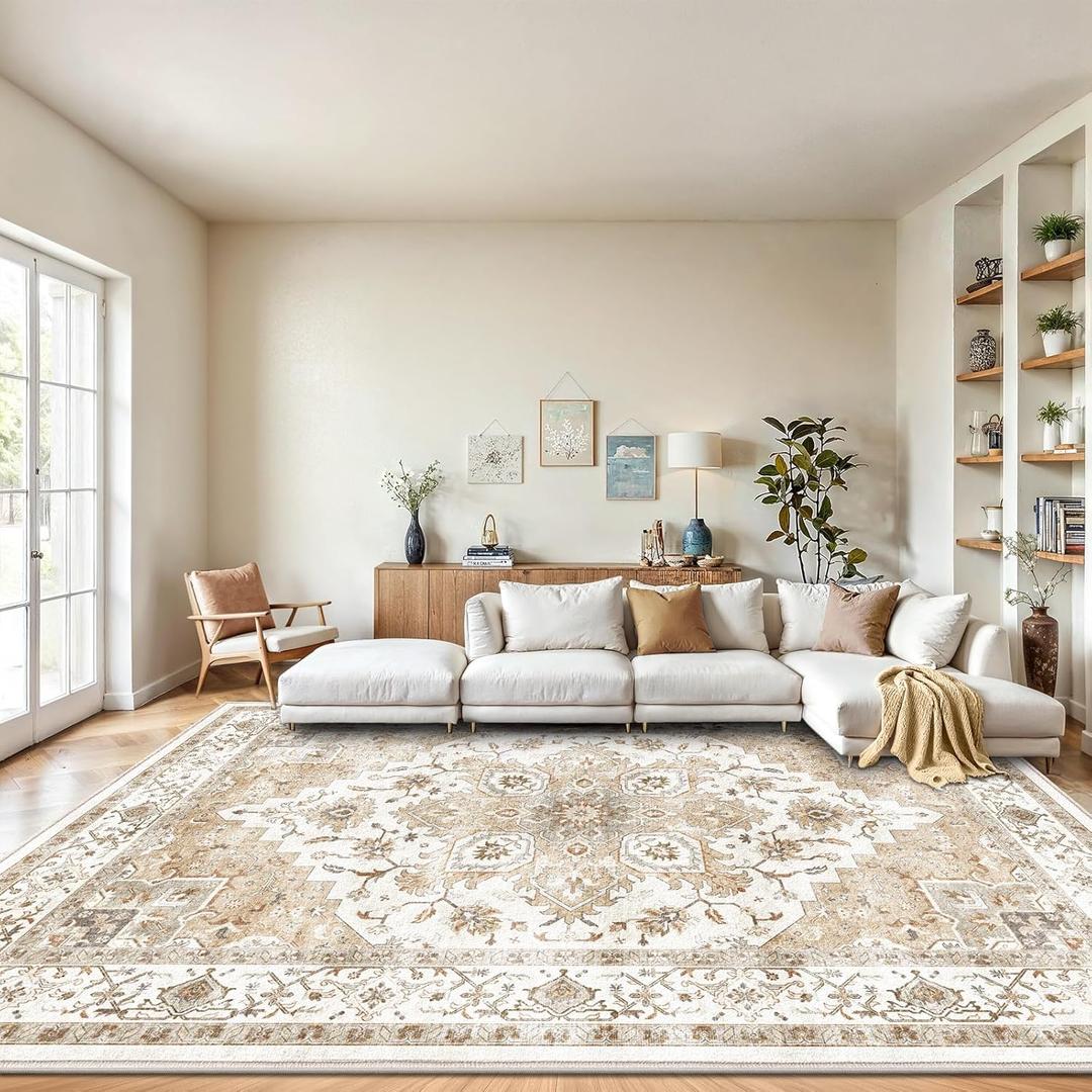 Amada 8x10 Area Rugs, Low-Profile Large Washable Area Rug with Non-Slip Backing & Durable Edge Binding, Vintage Rugs for Living Room, Bedroom, Dining Room (Beige)