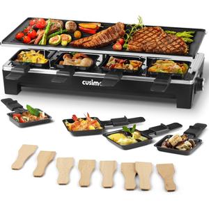 Raclette Table Grill, CUSIMAX Electric Grill, Indoor Grill Korean BBQ Grill With 2 in 1 Reversible Non-stick Plate, Crepe Maker with Adjustable temperature control, 8 Raclette Pans & Wooden Spatulas