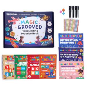 Magic Grooved Writing Practice for Kids Ages 3-8,Jumbo Reusable Grooved Handwriting Workbooks Kit(7 Books+Pens),Learn to Write Letters, Numbers, Math & Drawing,10.2"x7.3" Large Size