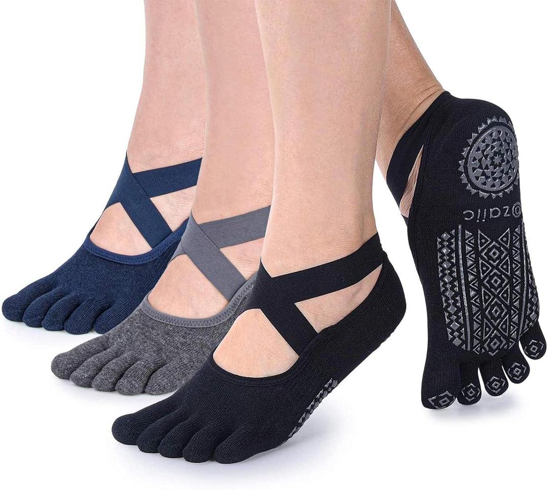 Ozaiic Yoga Socks for Women with Grips, Non-Slip Five Toe Socks for Pilates, Barre, Ballet, Fitness