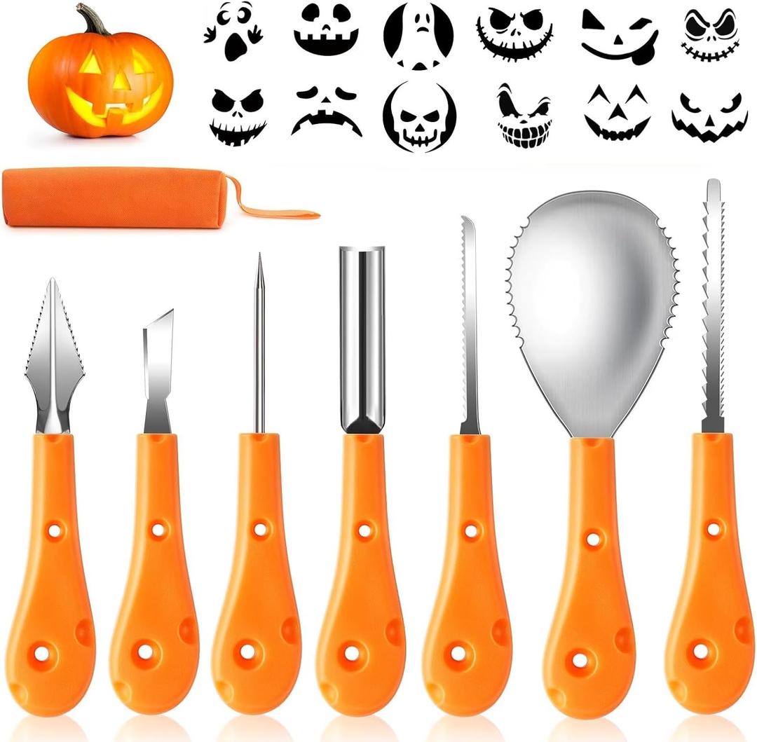 Greatever Halloween Pumpkin Carving Kit,Professional and Heavy Duty Stainless Steel Tools,Pumpkin Carving Set with12 Pumpkin Stencils Carrying Case(7pcs)