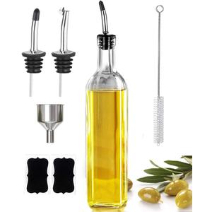 Leaflai 17oz Olive Oil Dispenser Bottle, 500ml Oil & Vinegar Cruet with 2 Stainless Steel Pourers, 2 Labels,1 Brush and 1 Funnel for Kitchen